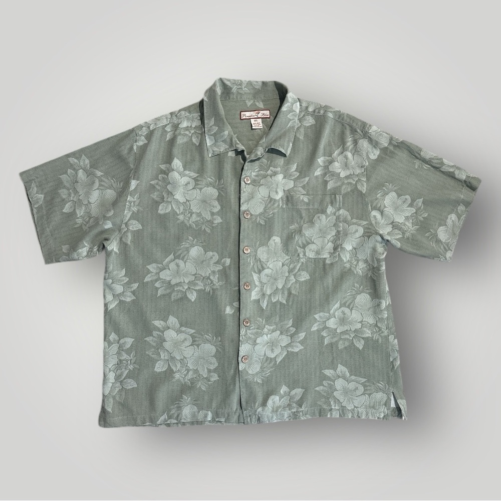 Paradise Blue Men’s XXL 100% Silk Hawaiian Shirt Green Floral Sleeve Button Up